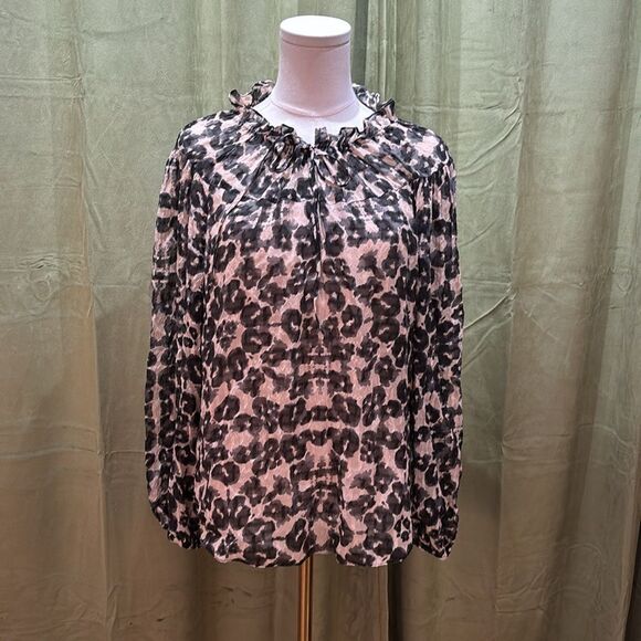 Rebecca Taylor Brown and Tan Tie Front Blouse with Mandarin Collar, US12 - Picture 4 of 11